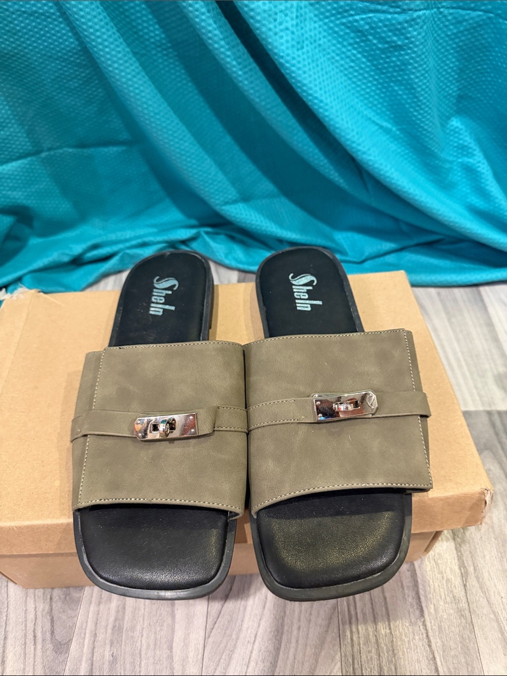 SHEIN Olive Green Slide Mules with Silver Buckle
